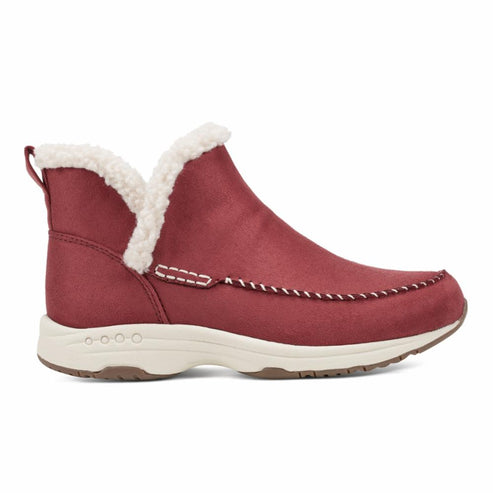 Burgundy ankle boot with white faux fur lining and white midsole.