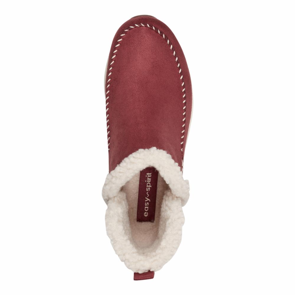 Top-down view of red slipper with white faux fur lining.