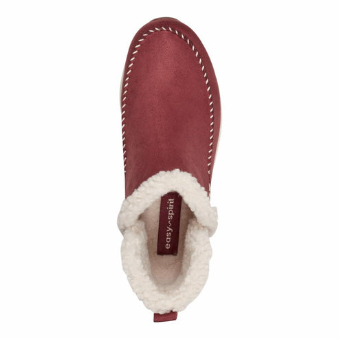 Top-down view of red slipper with white faux fur lining.