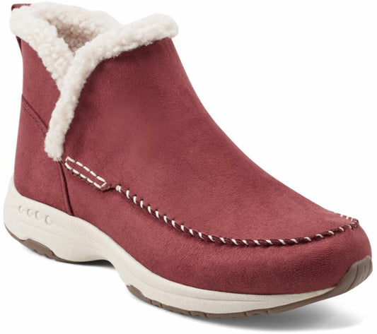 Reddish-brown ankle boot with faux white wool trim and tan sole.
