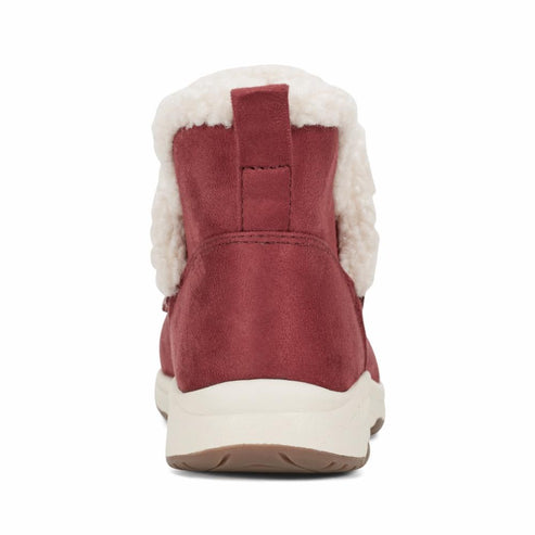Maroon ankle boot with faux fur trim, viewed from the back.