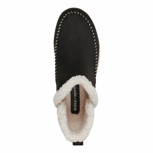 Top-down view of a black shoe with white stitching and a fluffy, white lining with easy-spirit branding.
