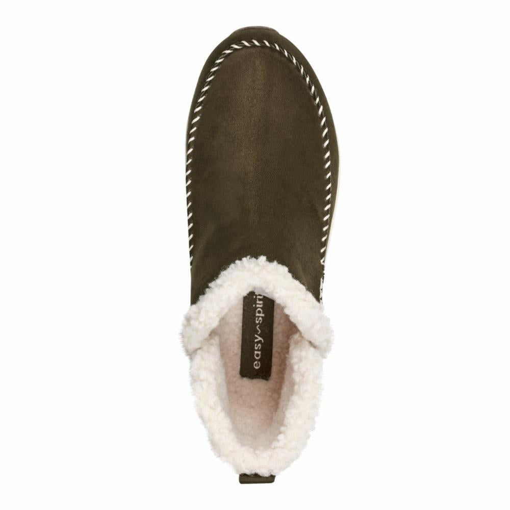 Olive slipper with white trim and white fluffy lining.