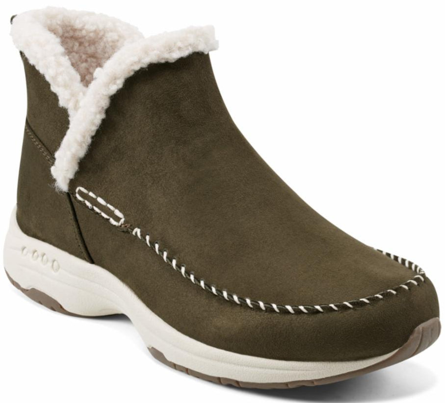 Olive green ankle boot with faux shearling trim and off-white sole.