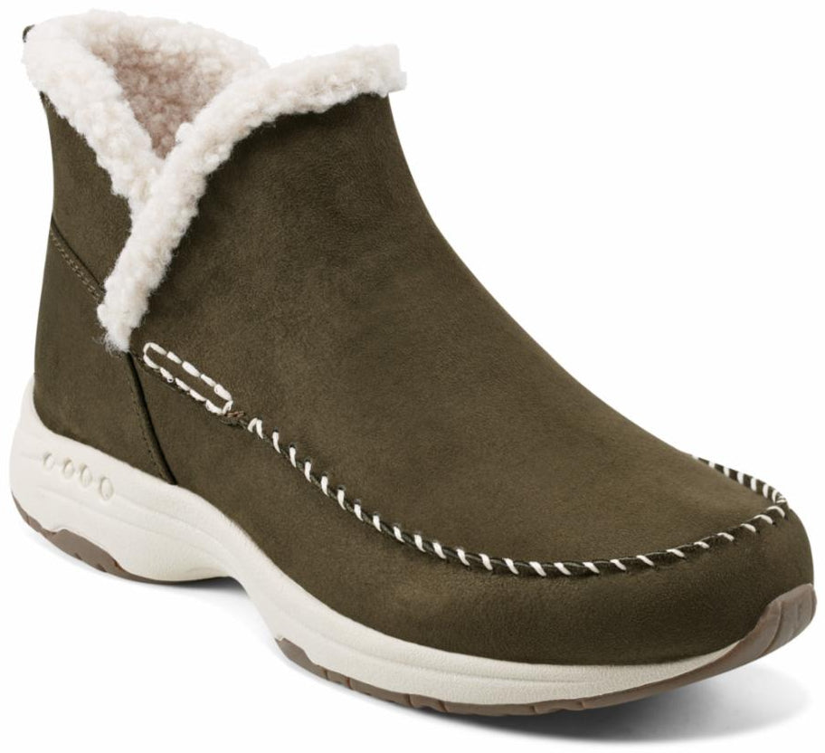 Olive green slipper-style ankle boot with faux fur trim and a white sole.