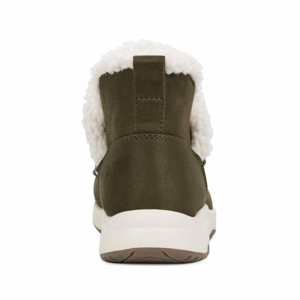 Rear view of olive green boot with white sherpa lining and white sole.