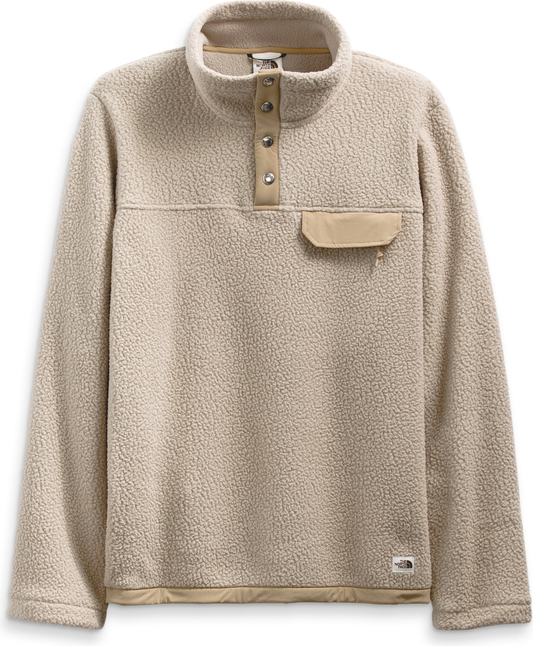 Tan sherpa pullover with three buttons at the neck and a small pocket on the right chest.
