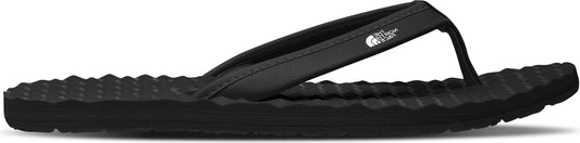 A black flip-flop with a textured sole and a toe thong.