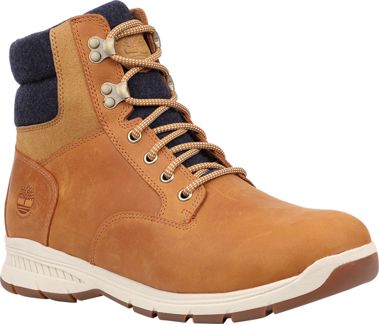 Tan leather boot with cream-colored laces and sole, and a dark-blue wool-like padded collar.