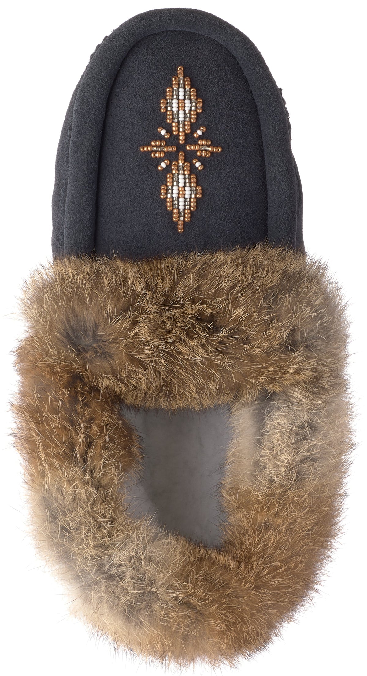 A black suede slipper or moccasin featuring a brown, white, and gold beadwork pattern on the toe and a thick, brown faux-fur cuff encircling the top.