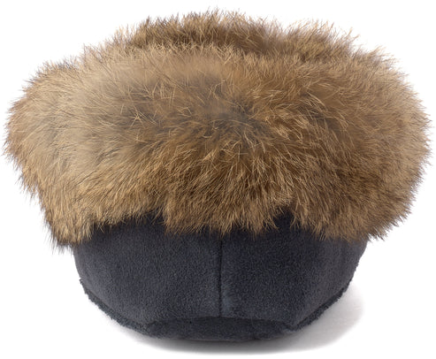 A luxurious round winter hat with a dark charcoal suede leather base and a thick, fluffy brown fur brim.