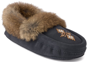 A black suede moccasin-style slipper featuring a plush brown fur trim around the opening and a decorative floral bead design on the top toe area.