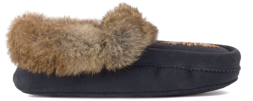 A side view of a black suede moccasin slipper featuring a plush brown faux fur collar and decorative beading on the top surface.