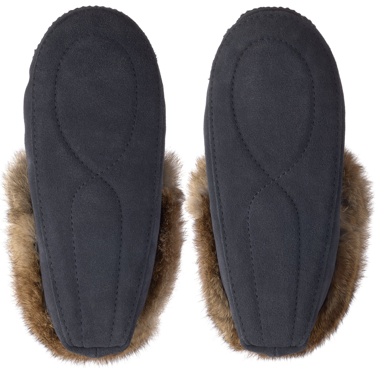 A pair of dark grey house slippers shown from the bottom, featuring a dark grey suede-like sole with an infinity-shaped stitch pattern and thick, brown faux fur trim around the edges.