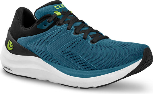 Teal running shoe with a white midsole, black laces, and a black heel.