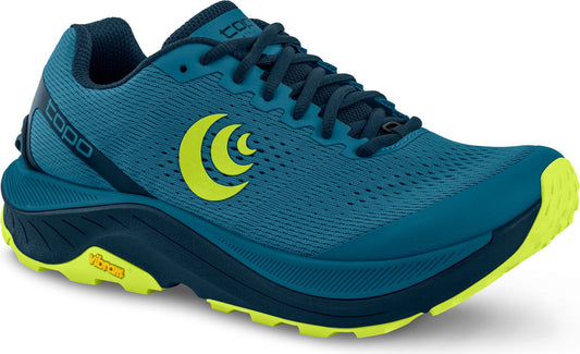 Blue athletic shoe with logo on side and vibram label