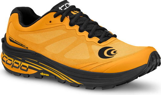 Orange running shoe with a black sole and laces.