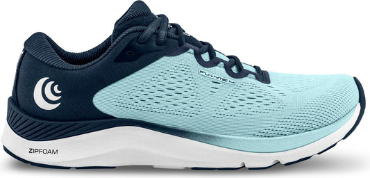 A running shoe in light blue and navy blue with a white sole.