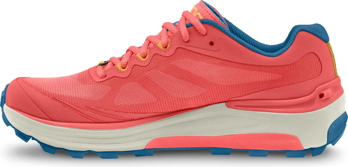 side view of a running shoe with coral mesh upper and turquoise accents