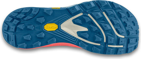 A close-up of the sole of a blue, pink, white, and yellow shoe.