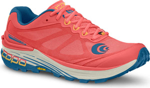 A coral-colored running shoe featuring blue and yellow accents.
