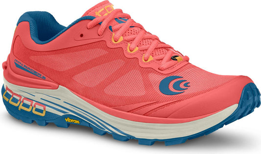 A coral-colored running shoe featuring blue and yellow accents.