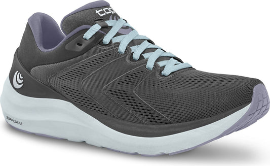 A gray running shoe with light blue laces.