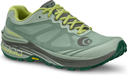 Side view of a light green running shoe with dark green sole and accents, laces are gray.