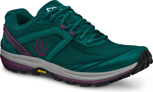 Teal running shoe with purple accents and dark rubber sole.