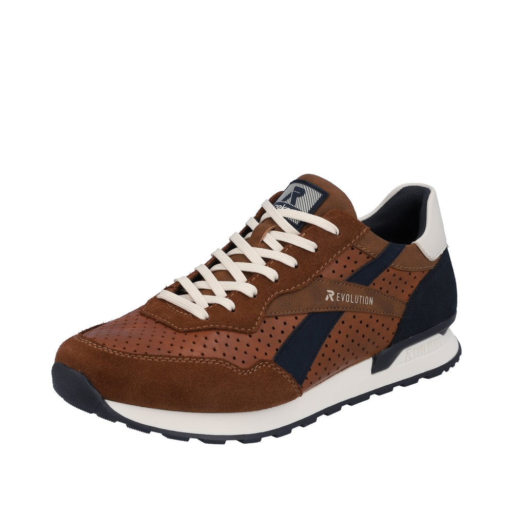 Brown sneaker with white laces and accents, featuring perforated detailing and a prominent 'Revolution' logo.