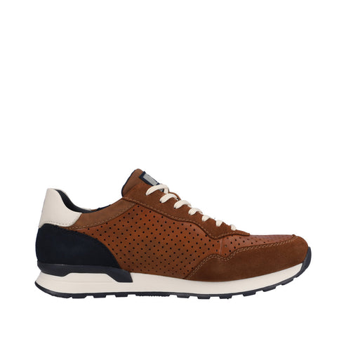 Brown perforated sneaker with suede accents and off-white sole.