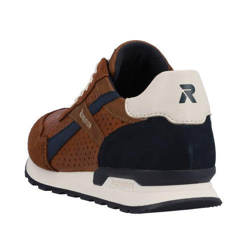 Brown sneaker with white sole, navy accents, and a white heel with dark "R".