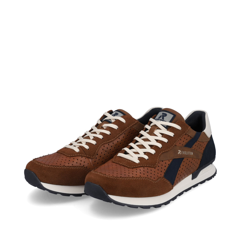 Pair of brown athletic shoes with perforated design and white laces.