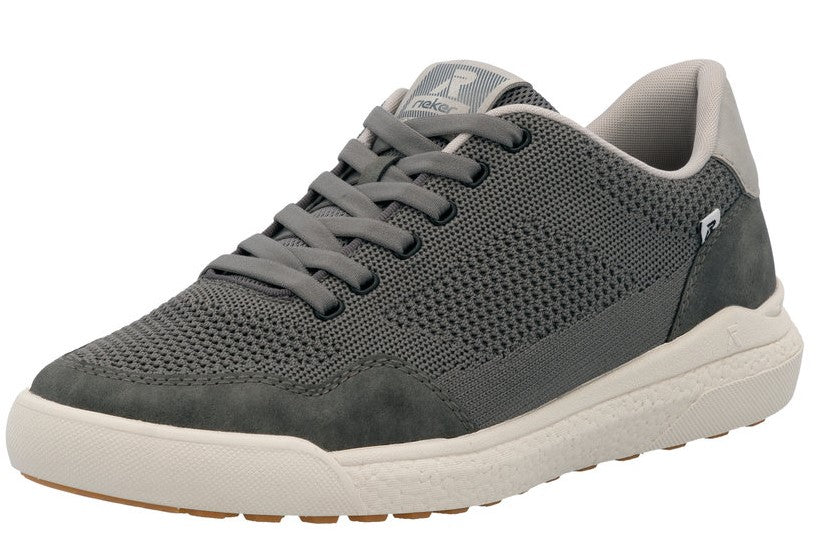 Gray mesh sneaker with suede accents and off-white sole.
