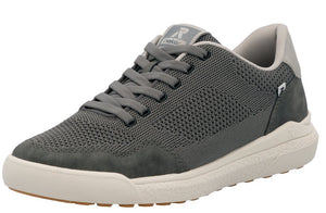 Gray mesh sneaker with suede accents and off-white sole.