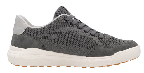 Low top, gray sneaker with lace-up closure and cream sole.