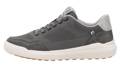 Gray low-top sneaker with white sole and lace-up closure.