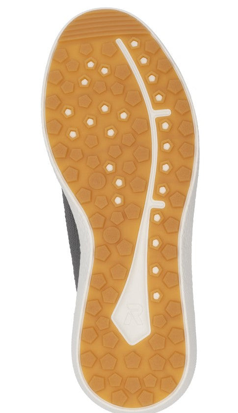 Shoe sole with brown honeycomb pattern and white grooves.