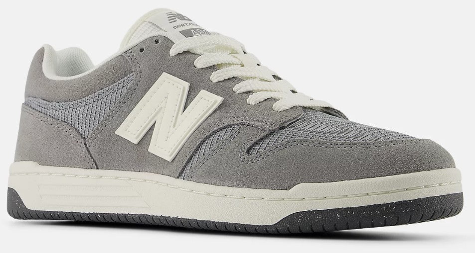 Grey low-top sneaker with white laces and "N" logo.