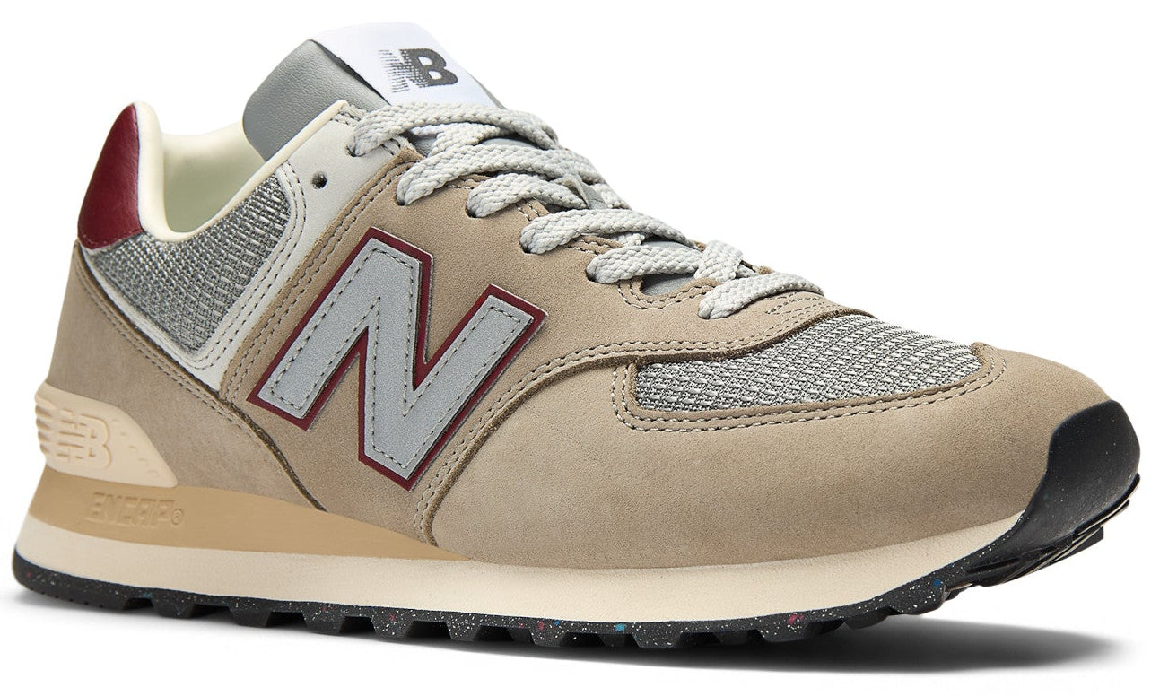 Tan sneaker with gray mesh and a gray "N" logo with a maroon border. The heel has a maroon accent.