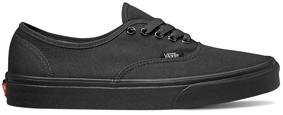 Black low profile sneaker with black laces and eyelets.