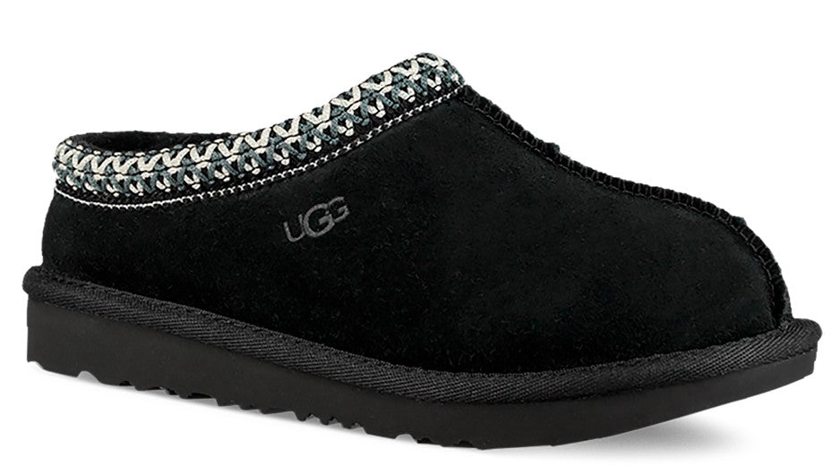 Black slipper with decorative border above the sole and around the opening with UGG logo.