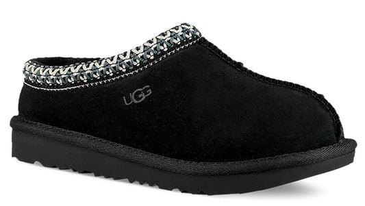 Black slipper with decorative border above the sole and around the opening with UGG logo.