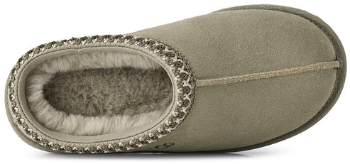 A top-down view of a light olive-green suede slipper featuring a soft, grey faux-fur lining and a decorative braided trim around the opening.