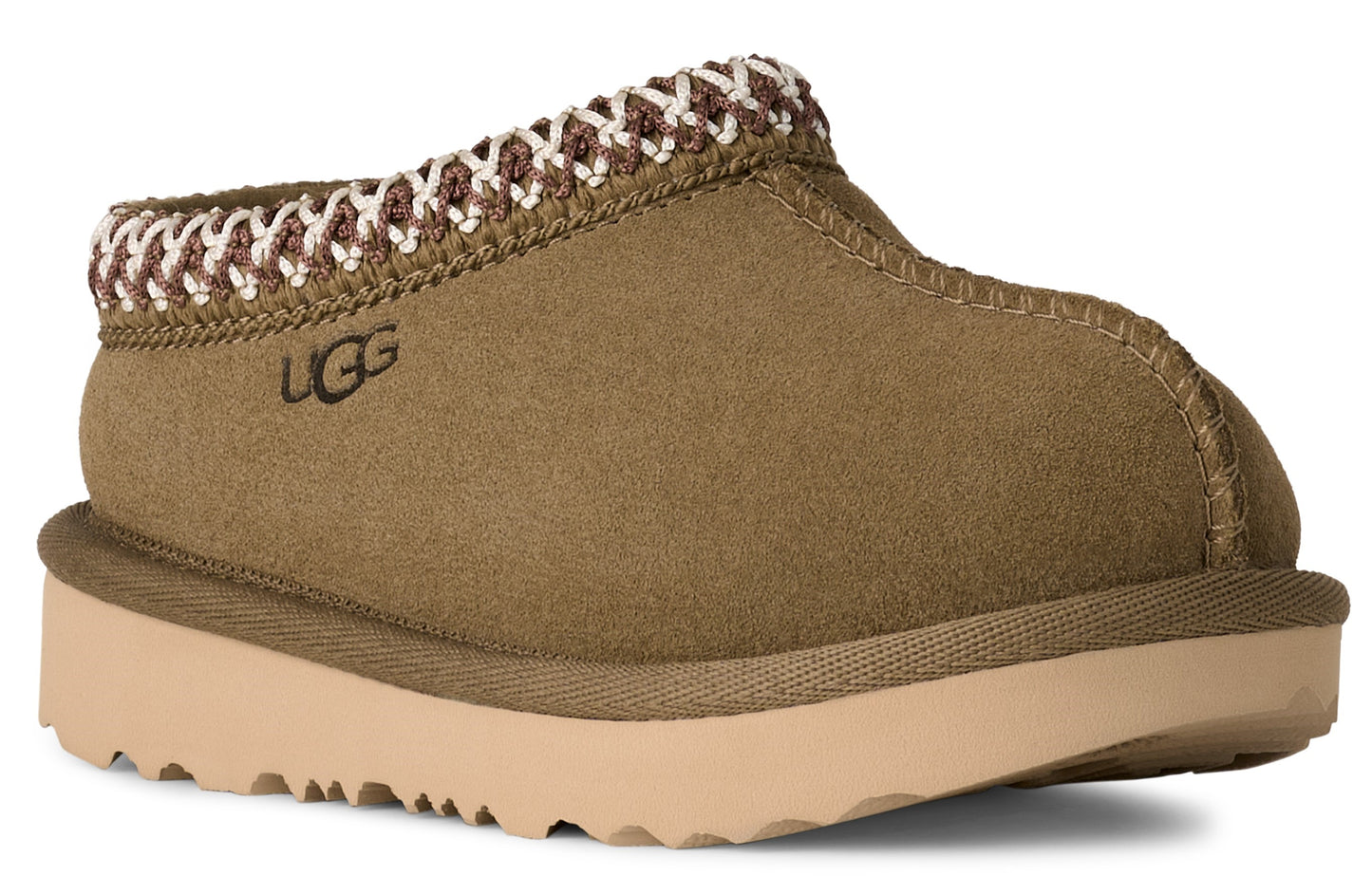 Olive slip-on shoe with a beige platform sole and a white and brown braided trim around the opening. The letters UGG are visible.