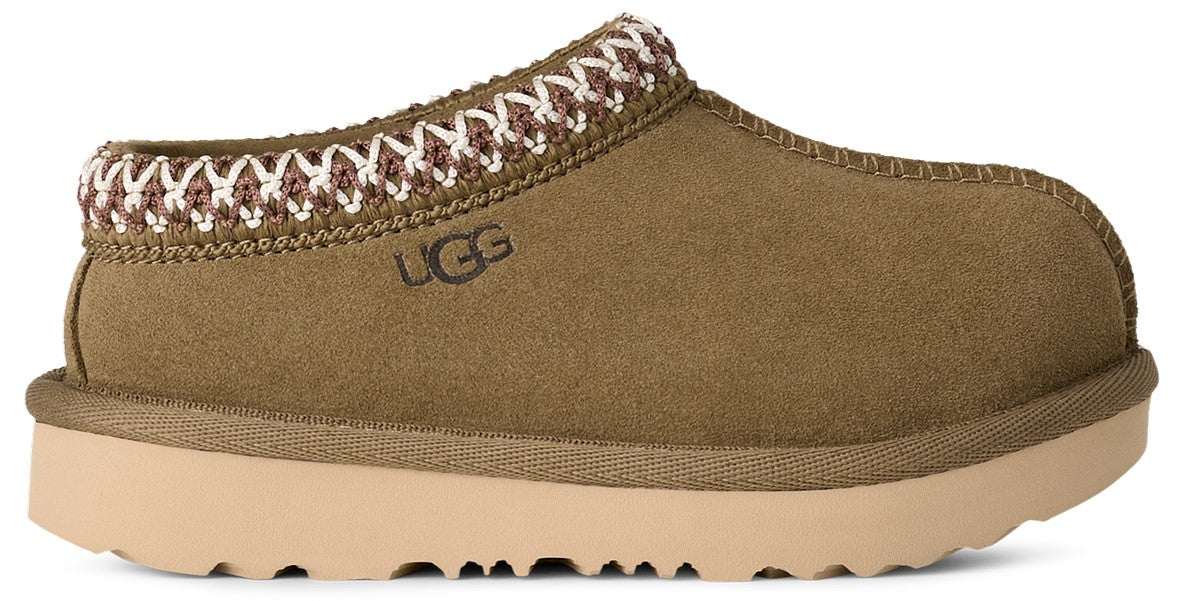 Olive green UGG scuff slipper with a textured collar.