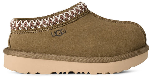 Olive green UGG scuff slipper with a textured collar.