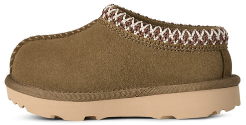 A brown suede clog style shoe with tan sole and geometric patterned ankle trim.