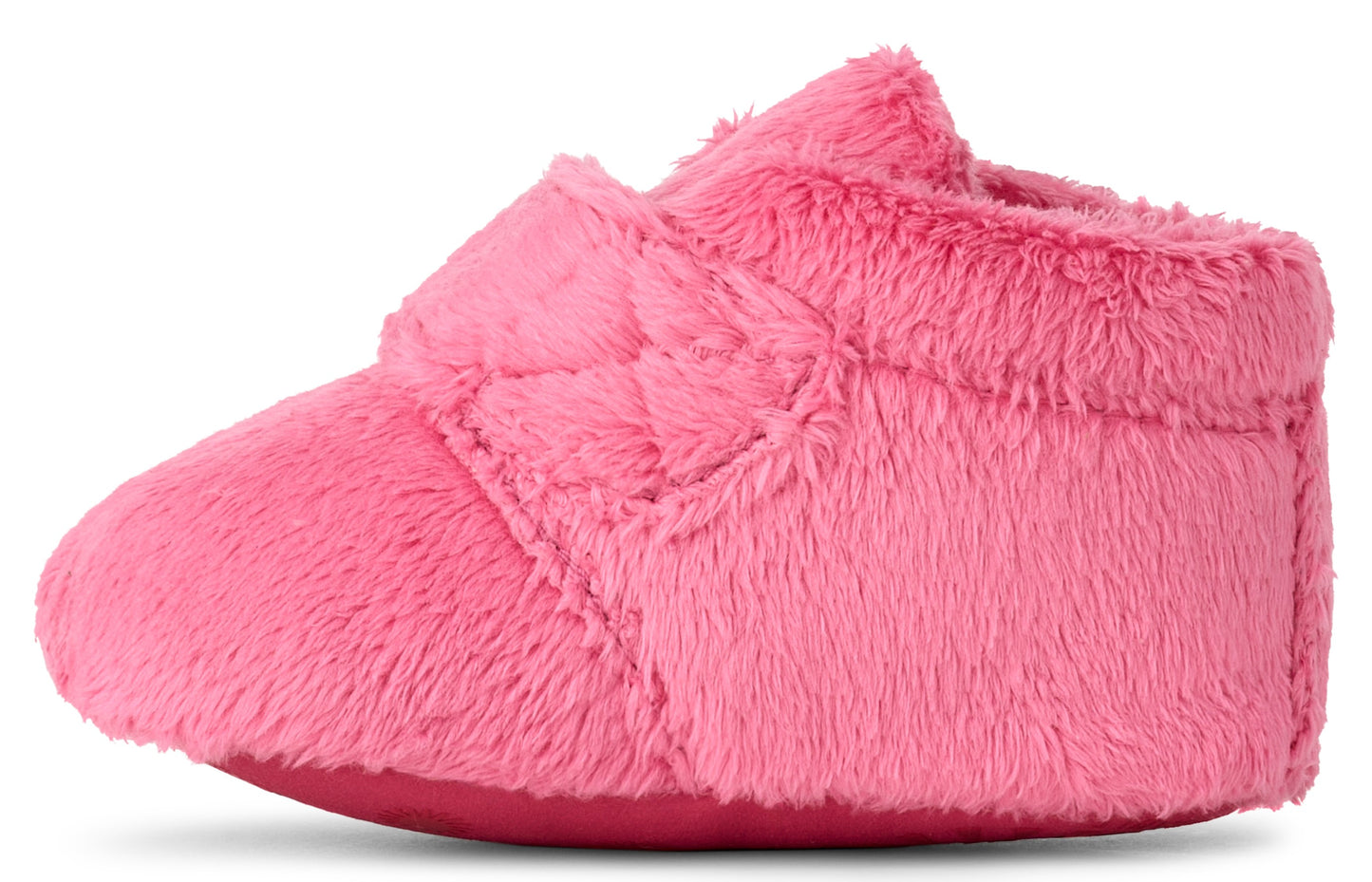 Pink fuzzy baby slipper with closed toe and velcro closure.