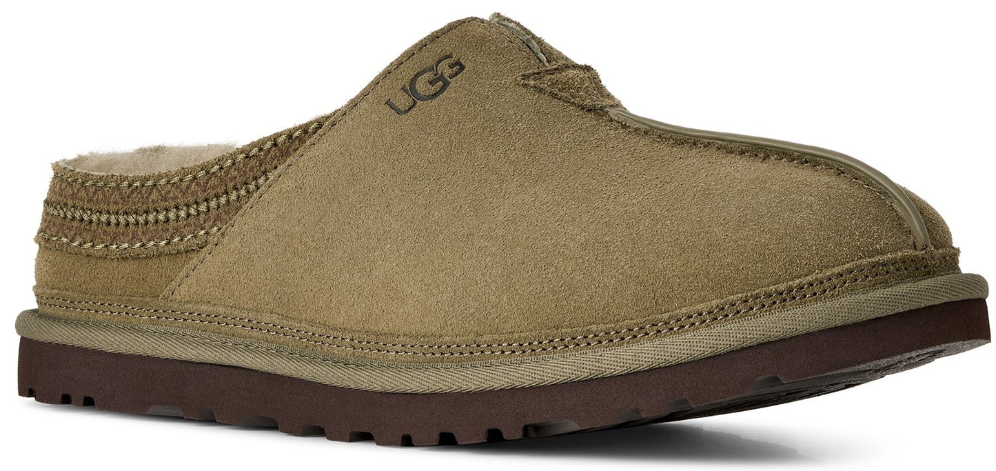 An olive-green suede clog-style slipper with a dark brown rubber sole, a thick stitched trim along the heel collar, and the logo 'UGG' embossed on the side.